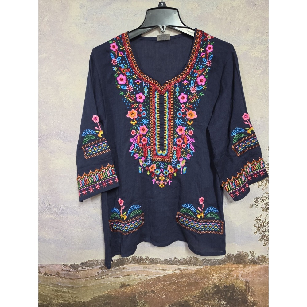 Shubham Mexican Embroidered Peasant Tunic Blouse Navy Blue Size L